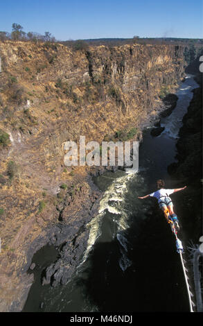 Lo Zimbabwe. Vicino a Victoria Falls. La Victoria Falls. Bungi jumping dal ponte Zambezi. Foto Stock