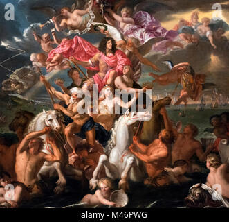 Il trionfo del Mare di Charles II. Re Carlo II è raffigurato a cavallo di un carro con la flotta britannica in background. Dipinto di Antonio Verrio, olio su tela, c.1674. Foto Stock