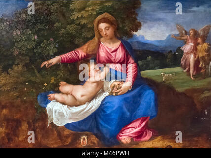 La Madonna e il bambino in un paesaggio con Tobiolo e l'Angelo di Tiziano Vecellio (Tiziano - 1490-1576), olio su pannello, c.1535-40 Foto Stock