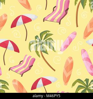 Attrezzature per la spiaggia sdraio Palm tree board, ombrello, senza saldatura Illustrazione Vettoriale