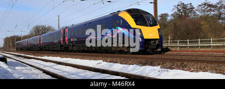 In inverno la neve, 180111 primo scafo treni, East Coast Main Line Railway, Peterborough, CAMBRIDGESHIRE, England, Regno Unito Foto Stock