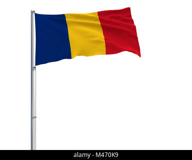 Bandiera della Romania sul pennone che fluttua nel vento su uno sfondo bianco, rendering 3D Foto Stock