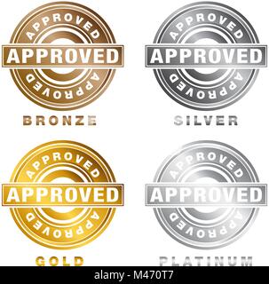 Una immagine di un Bronzo Argento Oro Platino approvato timbro sigillo di approvazione e la relativa icona. Illustrazione Vettoriale