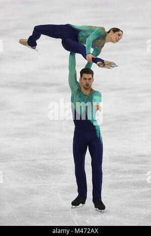 Italia di Matteo Guarise e Nicole Della Monica durante le coppie pattinaggio gratuito di Pattinaggio di Figura durante l ultimo giorno sei del PyeongChang 2018 Giochi Olimpici Invernali in Corea del Sud. Foto Stock