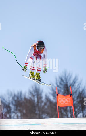 Jeongseon, Corea del Sud. 15 Feb, 2018. Vincent Kriechmayr di Â Austria competere in mens in discesa alla Jeongseon Alpine Center a Jeongseon, Corea del Sud. Ulrik Pedersen/CSM/Alamy Live News Foto Stock