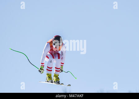 Jeongseon, Corea del Sud. 15 Feb, 2018. Vincent Kriechmayr di Â Austria competere in mens in discesa alla Jeongseon Alpine Center a Jeongseon, Corea del Sud. Ulrik Pedersen/CSM/Alamy Live News Foto Stock