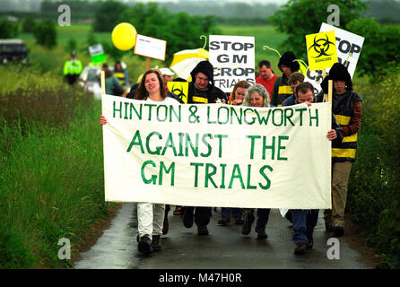 Protesta contro la sperimentazione delle colture transgeniche hanno. Hinton Waldrist, Oxfordshire, Regno Unito. Foto Stock