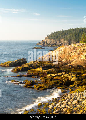 Vista la mattina su un monumento Cove e Otter punto, lungo la costa del Maine, Parco Nazionale di Acadia, vicino a Bar Harbor, Maine, Stati Uniti d'America. Foto Stock