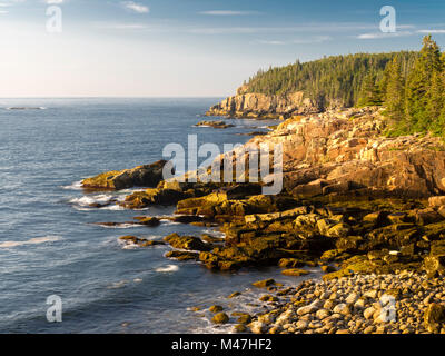 Vista la mattina su un monumento Cove e Otter punto, lungo la costa del Maine, Parco Nazionale di Acadia, vicino a Bar Harbor, Maine, Stati Uniti d'America. Foto Stock