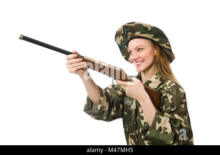 Ragazza in uniforme militare tenendo la pistola isolato su bianco Foto Stock