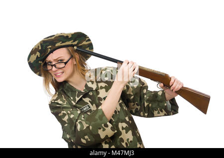 Ragazza in uniforme militare tenendo la pistola isolato su bianco Foto Stock