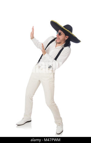 L uomo indossa sombrero messicano isolato su bianco Foto Stock