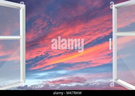 Finestre in plastica che si affaccia la scarlet sunset Foto Stock