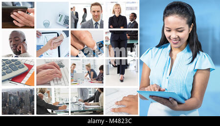 Immagine composita di sorridere imprenditrice utilizzando tavoletta digitale Foto Stock