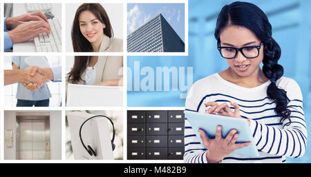 Immagine composita di attraente donna asiatica utilizzando tablet Foto Stock