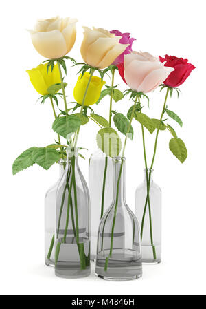 Le rose in vasetti di vetro isolato su sfondo bianco Foto Stock