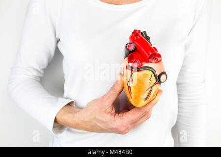 Mano che tiene il cuore umano modello nella parte anteriore del petto Foto Stock