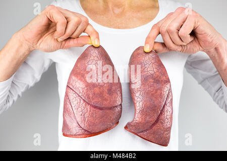 Donna che mantiene due modelli di polmone nella parte anteriore del petto Foto Stock