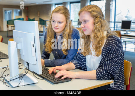 Due studenti di sesso femminile che lavorano insieme su computer in aula Foto Stock