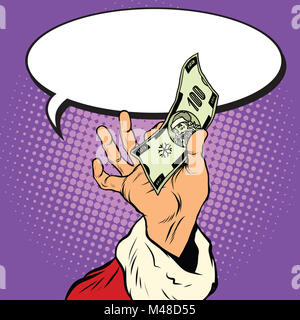 Mano di Babbo Natale con denaro di Natale Foto Stock