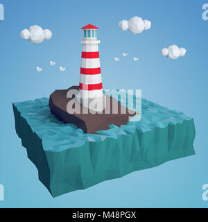 Bassa poli faro su un isolotto roccioso nel mare. Il rendering 3D Foto Stock