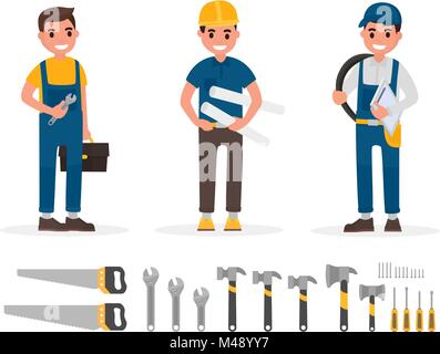 Tuttofare, idraulico, caposquadra, ingegnere e builder raccolta di elementi con varie persone azioni. Set di lavoratori e di utensili a mano in stile piatto Illustrazione Vettoriale