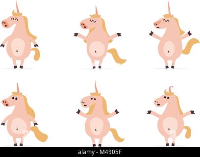 Set di sei cartoon unicorns in diverse pose. Vari animali fantastici per l'animazione di personaggi Illustrazione Vettoriale