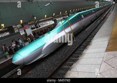 TOKYO - 4 maggio: viaggiatori board Shinkansen Hayabusa treno il 4 maggio 2012 alla Stazione di Tokyo. Hayabusa è stato inaugurato nel 2010 e con una velocità di funzionamento di Foto Stock