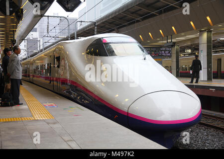 TOKYO - 4 maggio: viaggiatori board Shinkansen Hayate treno il 4 maggio 2012 alla Stazione di Tokyo. Hayate ha la massima velocità operativa di 275km/h ed è tra i più veloci Foto Stock