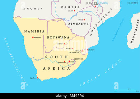 Africa australe mappa politico. La regione più meridionale del continente africano. Il Sudafrica, Namibia, Botswana, Swaziland, Lesotho. Foto Stock