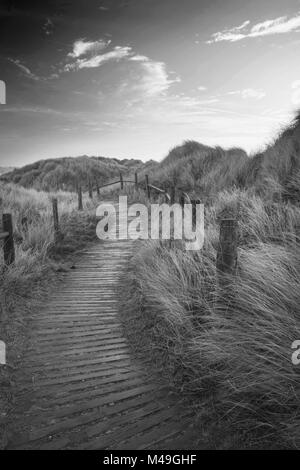 In bianco e nero di sunrise immagine del paesaggio di dune di sabbia sistema in spiaggia con la passerella di legno Foto Stock