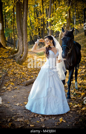 Ritratto a figura intera della elegante adorable brunette sposa in posa con il cavallo in autunno park. Foto Stock