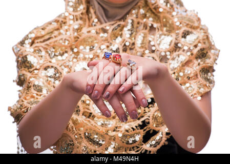 Mani con gioielli anelli nel concetto di moda Foto Stock