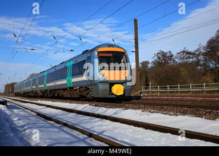 In inverno la neve, 170202 maggiore Anglia treni, East Coast Main Line Railway, Peterborough, CAMBRIDGESHIRE, England, Regno Unito Foto Stock