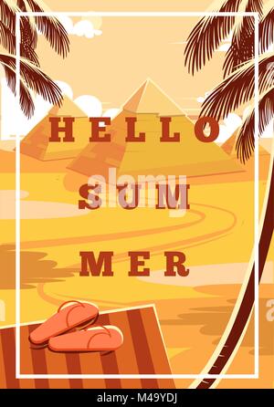 Ciao Estate. Cartoon Piramide di Giza. Paesaggio egiziano con le antiche piramidi. Può essere utilizzato per la società di viaggi e turistici di cartolina. Illustrazione Vettoriale. Illustrazione Vettoriale