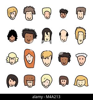 Cartone animato Avatar icon set - molto carino doodle facce del vettore. Illustrazione Vettoriale