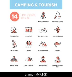 Il campeggio e il turismo - linea design set di icone Illustrazione Vettoriale