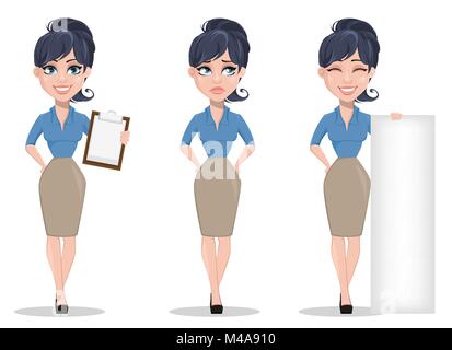 Business donna, set di tre pose, tenendo appunti, piangendo e targhetta di contenimento. Bella imprenditrice in abiti formali in piedi dritto. Carino c Illustrazione Vettoriale