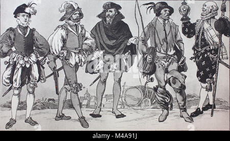 Moda, abbigliamento in Germania, costumi civica intorno al 1560-1580, da sinistra, uomo di 20, 30 e 40 anni in costume tedesco, quindi un carter della Franconia e a Norimberga in spagnolo abbigliamento festivo, digitale riproduzione migliorata da un originale a partire dall'anno 1900 Foto Stock