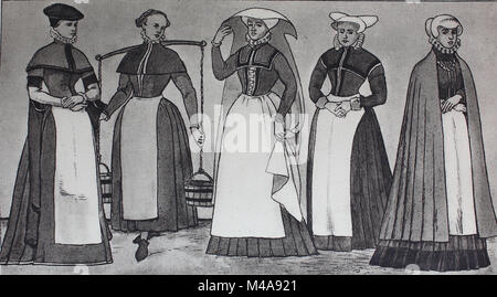 Moda, abbigliamento in Germania, civico costumi da 1560-1580, da sinistra, un craftswoman da Danzica, una cameriera da Gdansk, un rispettato cittadino donna da Colonia, un craftswoman da Colonia e un cittadino rispettato da Luebeck, digitale riproduzione migliorata da un originale a partire dall'anno 1900 Foto Stock