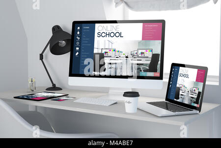 3D rendering di studio con dispositivi sensibili che mostra la scuola online sullo schermo. Tutti i grafici dello schermo sono costituiti. Foto Stock