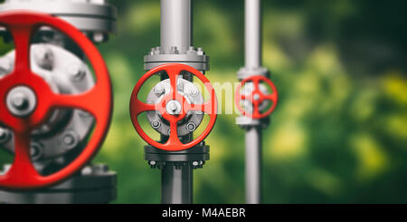 Tre stabilimenti industriali tubazioni e valvole con ruote rosse sulla sfocatura dello sfondo della natura, banner. 3d illustrazione Foto Stock