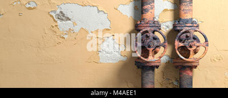 Vecchi gasdotti industriale e le valvole con ruote rosse sulla parete spiovente sfondo, banner, spazio per il testo. 3d illustrazione Foto Stock