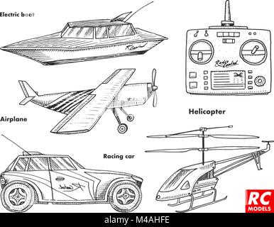 Trasporto RC, telecomando modelli. giocattoli gli elementi di design per gli emblemi. battello o nave e auto o macchina. revival sintonizzatore radio broadcasting system. Tecnologie innovative. incisi disegnati a mano. Illustrazione Vettoriale