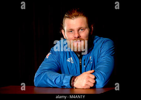 Gran Bretagna Para Snowboarder Owen Pick durante il Team ParalympicsGB lanciare all'Hilton Deansgate, Manchester. Foto Stock