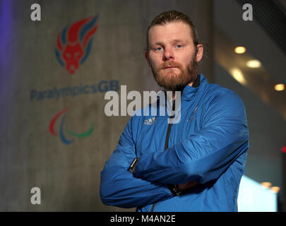 Gran Bretagna Para Snowboarder Owen Pick durante il Team ParalympicsGB lanciare all'Hilton Deansgate, Manchester. Foto Stock