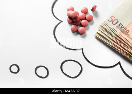 Attività medica o prezzi concetto. Pensare al denaro nell'industria farmaceutica o ad alta spese mediche. Anche spaccio di droga, del concessionario o del commercio. Foto Stock