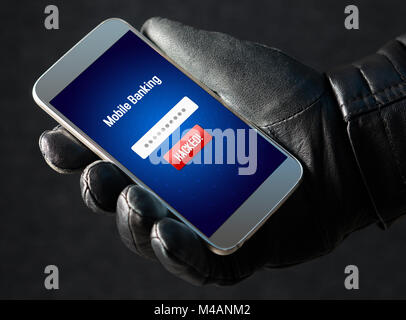 Mobile banking hack e cyber security concetto. Hacker e criminali login per persone banca online applicazione e rubare i soldi dal conto. Foto Stock