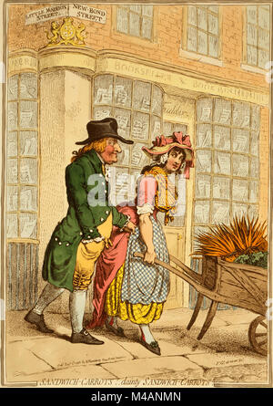 Sandwich-Carrots! - Dolce Sandwich-Carrots da James Gillray pubblicato 1796. Una ragazza formosa spingendo una carriola di carote lungo Bond Street, guardando sopra la sua spalla a un uomo più anziano, eventualmente il figlio di John Montagu, 4° Conte di sandwich, chi è a strattoni al suo grembiule. In fondo è una libreria che presenta il royal bracci. Visualizzate nella finestra sono libri con i titoli "un chip del vecchio blocco"; "Caccia oe un' ode da un vecchio Buck Hound'; 'Un elenco di servo Maids"; "Le bellezze di Bond Street"; e "Un viaggio attraverso la vita -- da Maddox Street fino a Conduit Street & back again". Foto Stock