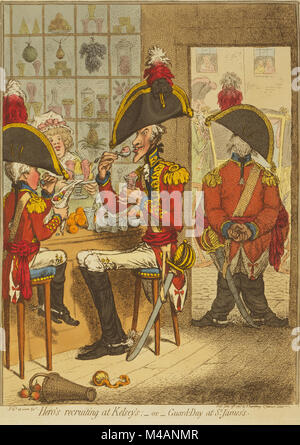 Hero's assunzione a Kelsey's; -o- Guard-Day presso il St James di james Gillray pubblicato 1797. Due ufficiali, su un alto, lanky, uomo anziano e l'altro un bambino, sedere affacciati a mangiare dolci in una pasticceria. Un terzo funzionario, grasso e knock-impastare, sta di guardia alla porta. Le finestre del negozio sono piene di frutta e dolci. Foto Stock